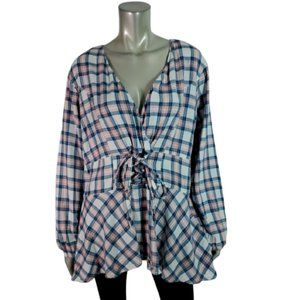 Ashley Stewart Top Plus Size 18 Lace Up Corset Waist Side Zip Plaid Cotton Pink‎